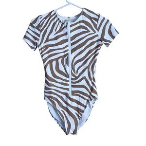 Michael Kors Animal Print One-Piece Swimsuit  Tan White Zebra Print Zip Front 8